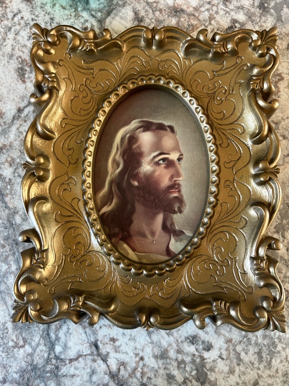 Vintage Ornate Gold Religious Wall Plaque with Jesus Portrait